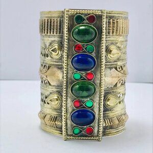 Single Vintage Cuff Bracelet With Green and Blue Glass Stones